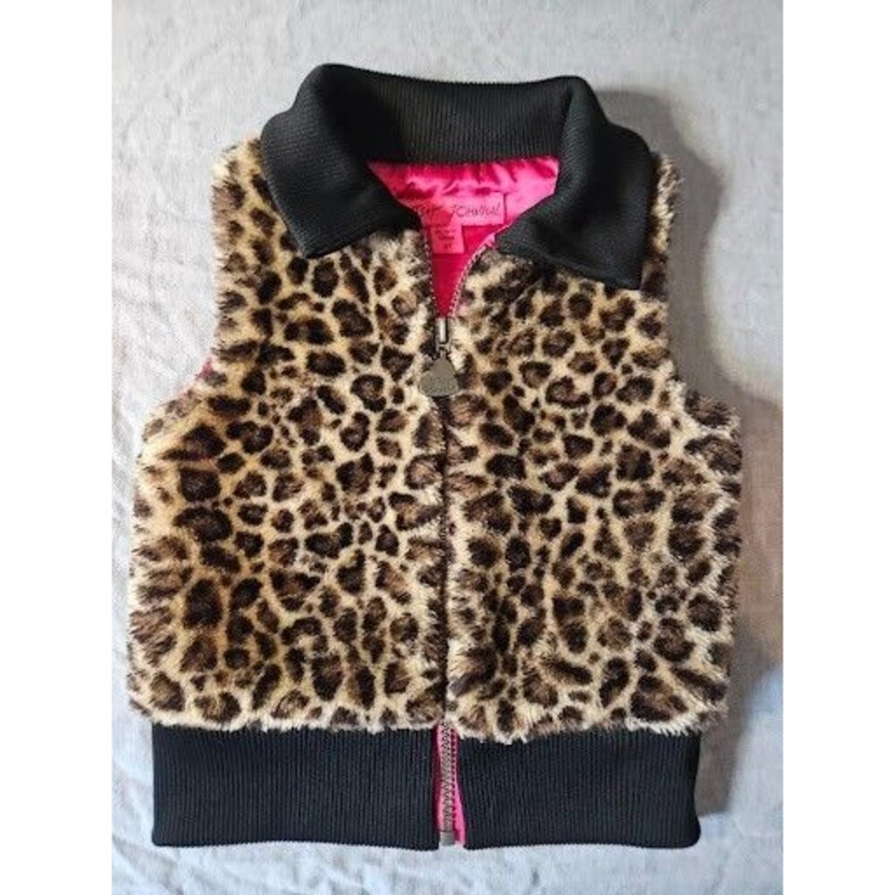 BETSEY JOHNSON Toddler Girl Faux Fur Leopard Vest 2T Pink Satin Heart Zipper